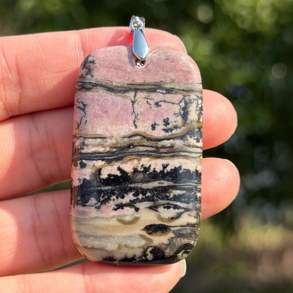 Sterling silver 925 stamped rectangular scenic rhodonite‎ pendant 1036